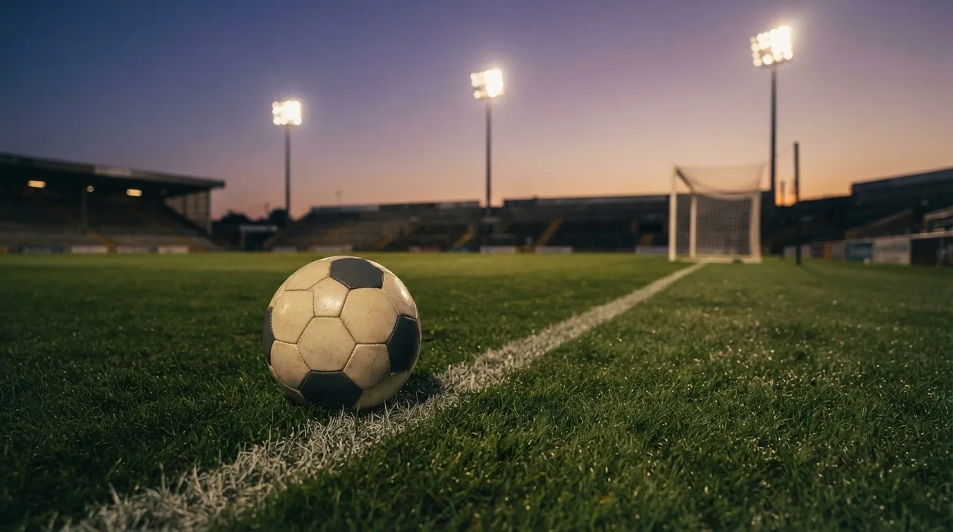 Ein Fußball liegt im Gras eines leeren Platzes, im Hintergrund stehen Flutlichtmasten in der Dämmerung.