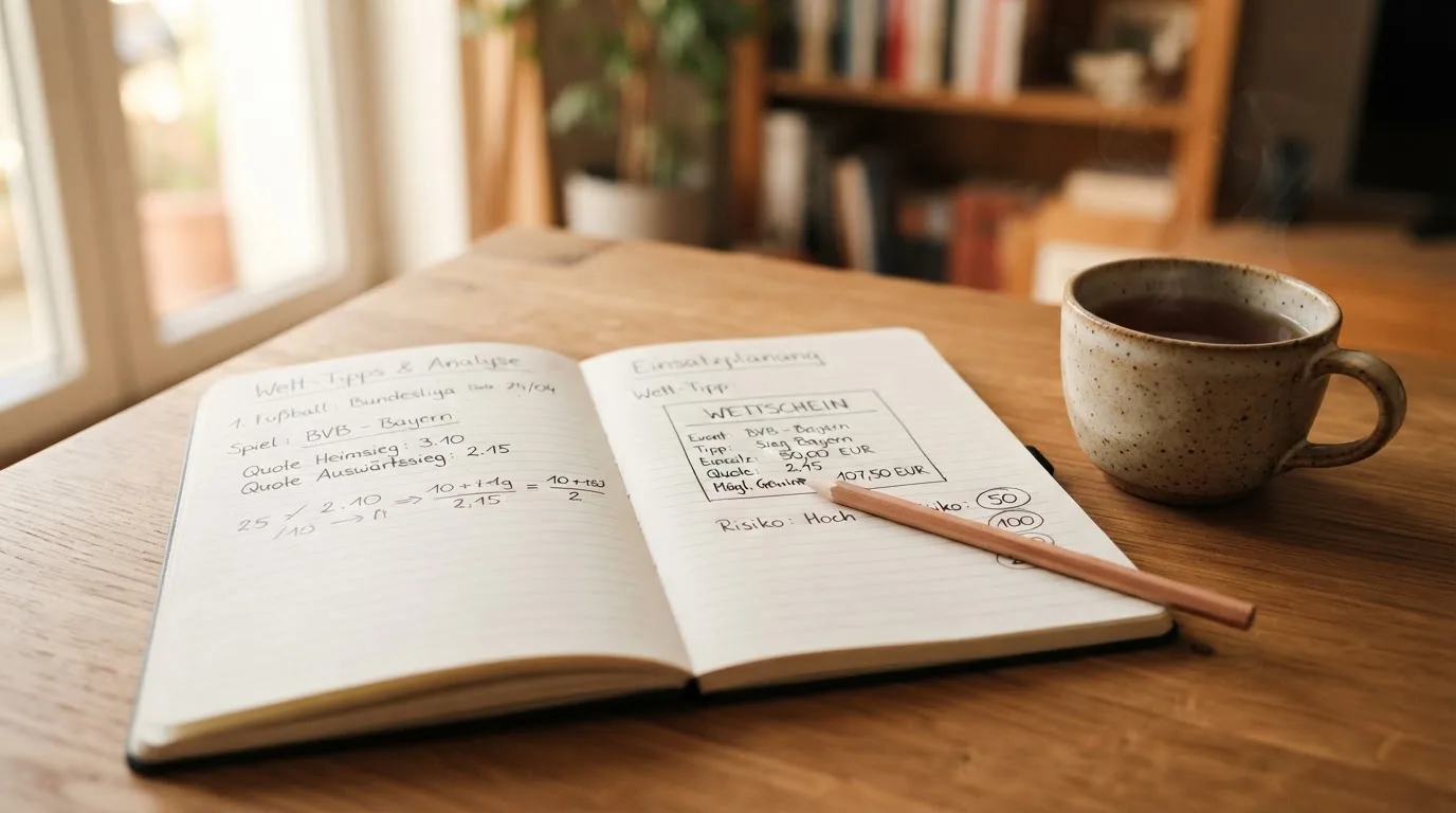 Ein aufgeschlagenes Notizbuch mit handschriftlichen Skizzen und ein Bleistift liegen auf einem Schreibtisch neben einer Tasse Tee.
