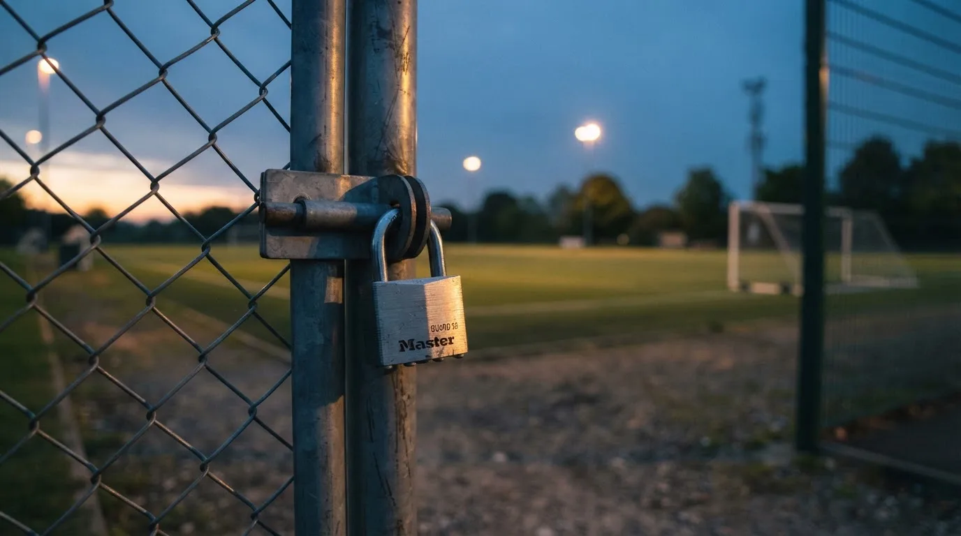 Ein Vorhängeschloss hängt an einem Metalltor in der Dämmerung, im Hintergrund unscharf ein Fußballplatz.