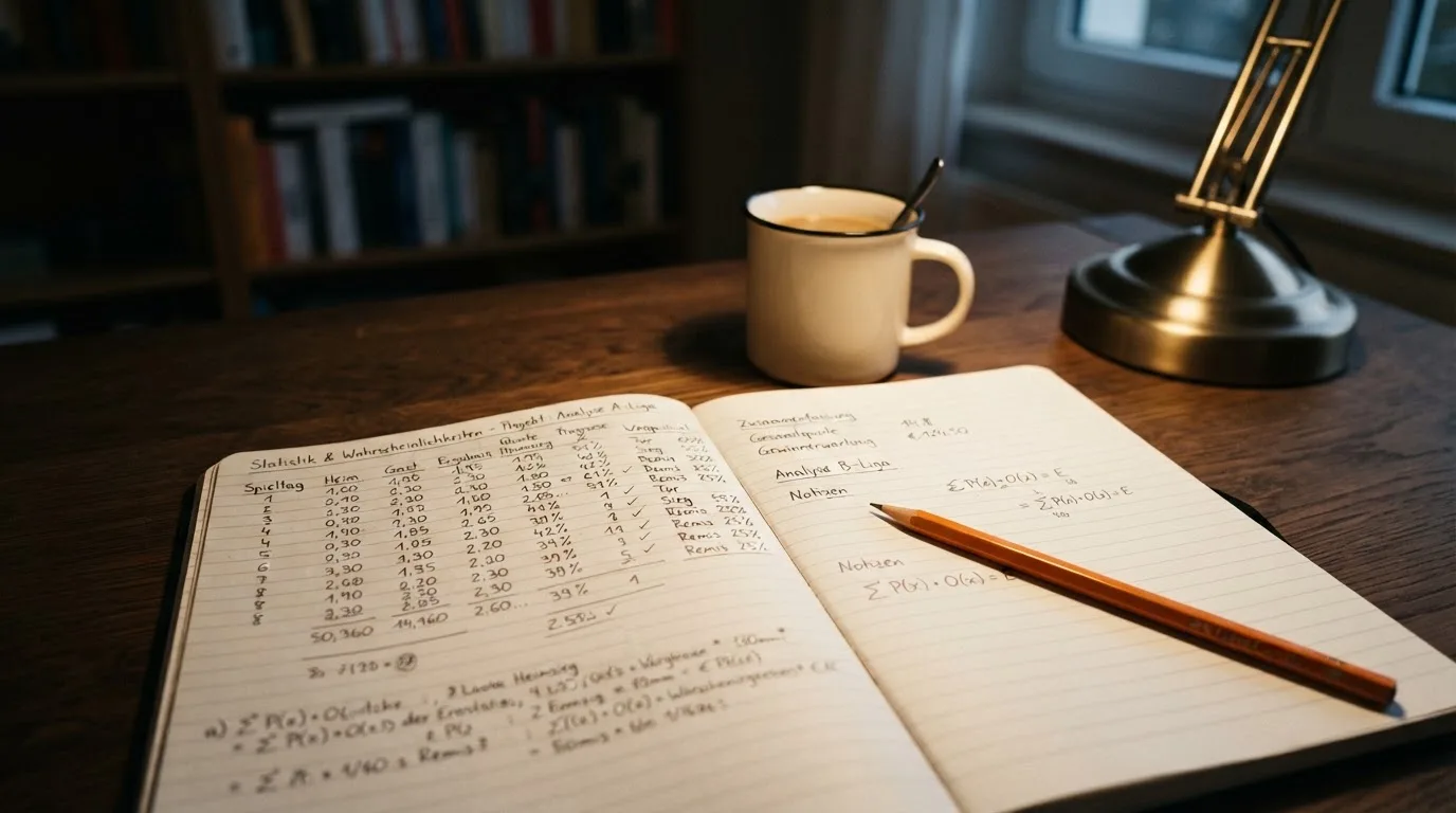 Ein Taschenrechner und ein Bleistift liegen auf einem Schreibtisch neben einer Tasse Kaffee im Licht einer Lampe.