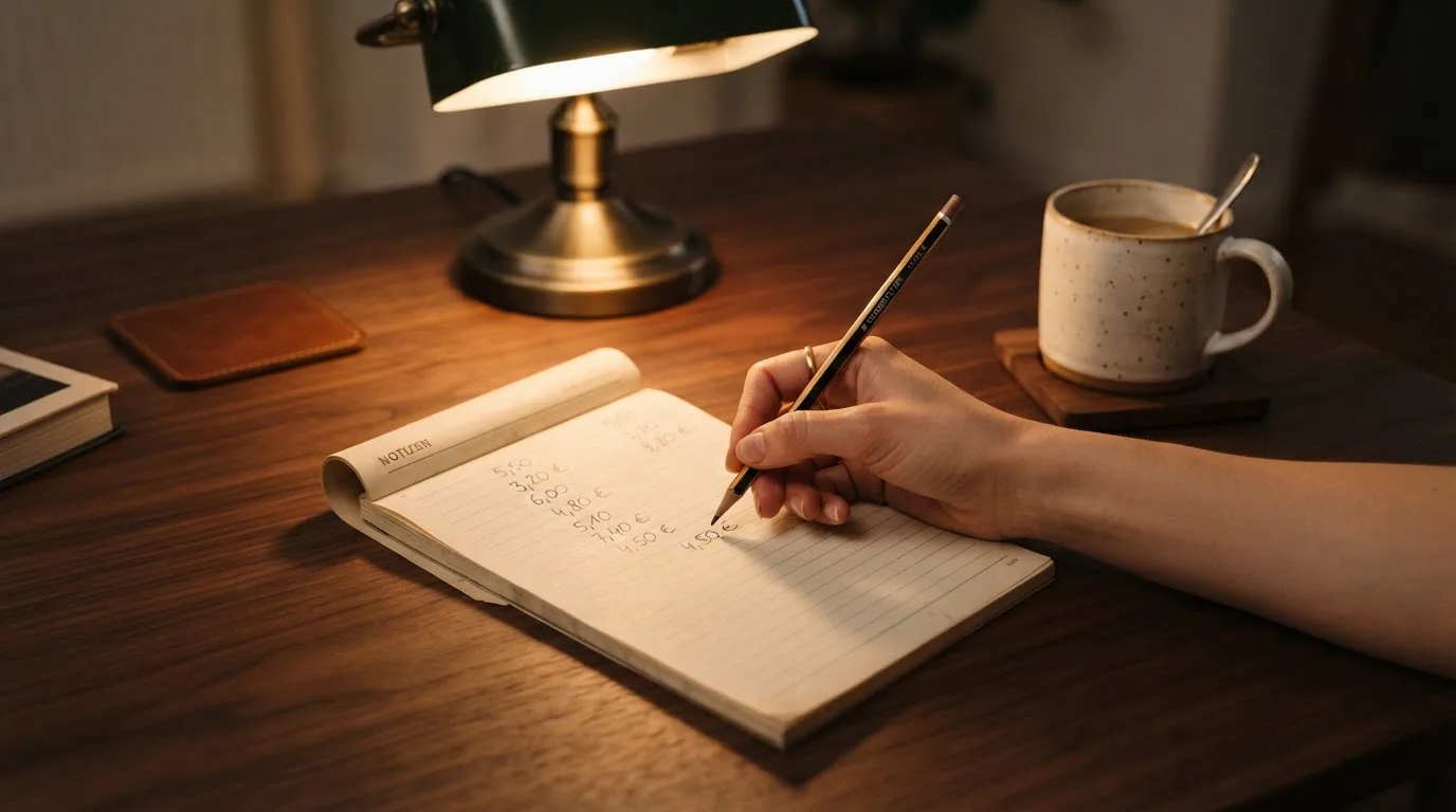 Ein Taschenrechner und ein aufgeschlagenes Notizbuch mit handschriftlichen Zahlenreihen liegen unter einer Schreibtischlampe.