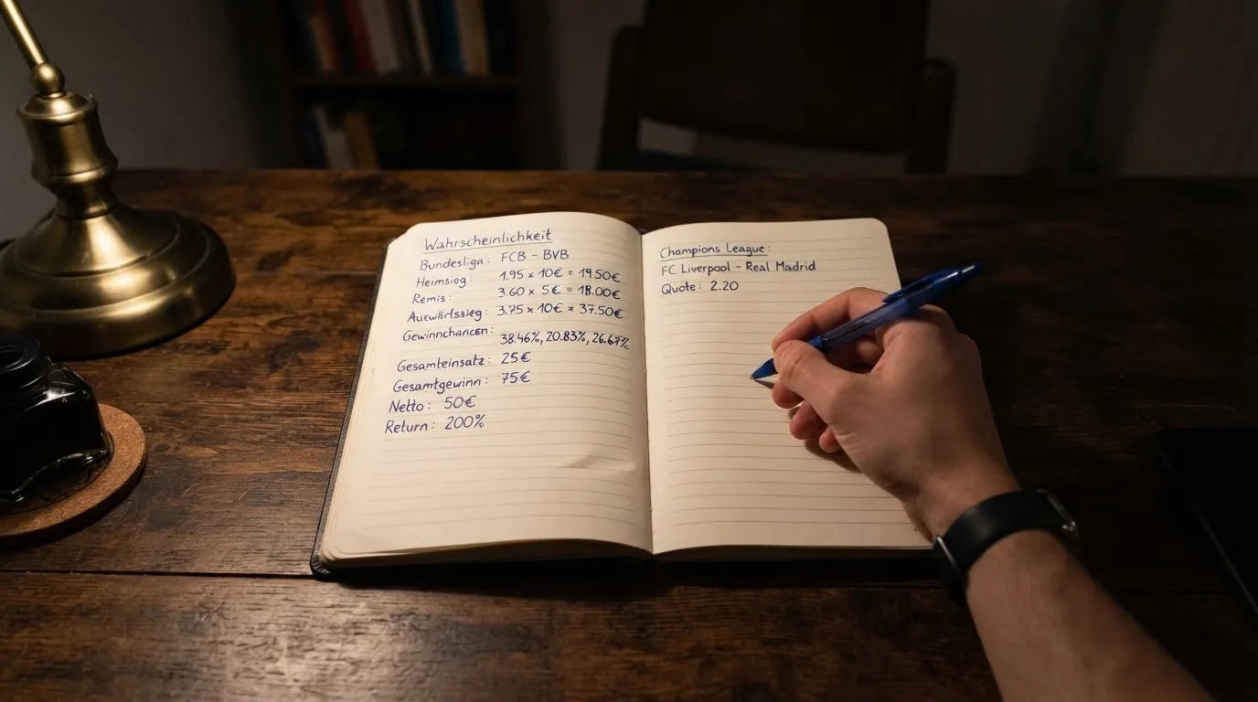 Ein Taschenrechner und ein aufgeschlagenes Notizbuch mit handschriftlichen Zahlenreihen liegen unter einer Schreibtischlampe.