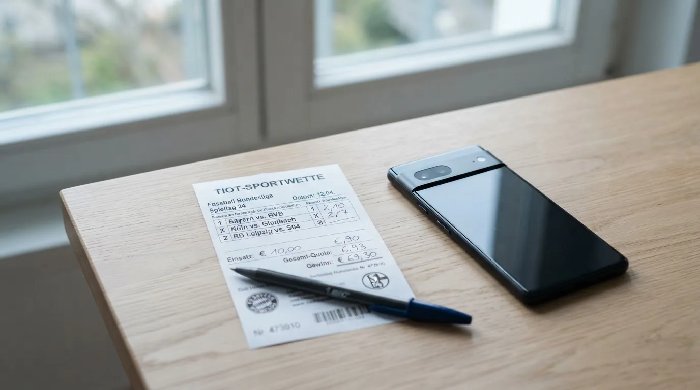 Ein leerer Papier-Wettschein und ein Kugelschreiber liegen neben einem Smartphone mit dunklem Display auf einem Tisch am Fenster.