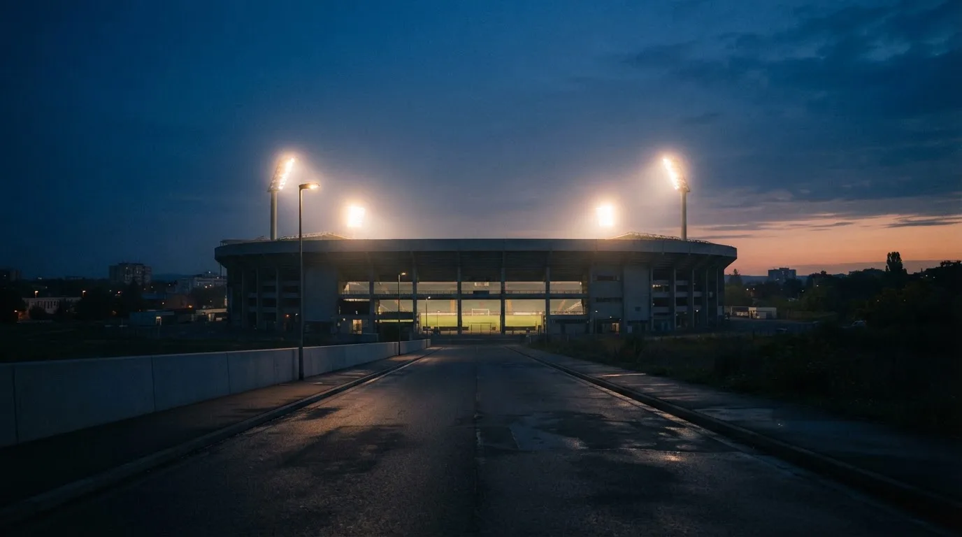 Ein Stadion unter Flutlicht aus der Ferne gesehen, davor eine leere Straße in der Abenddämmerung mit leichtem Dunst.