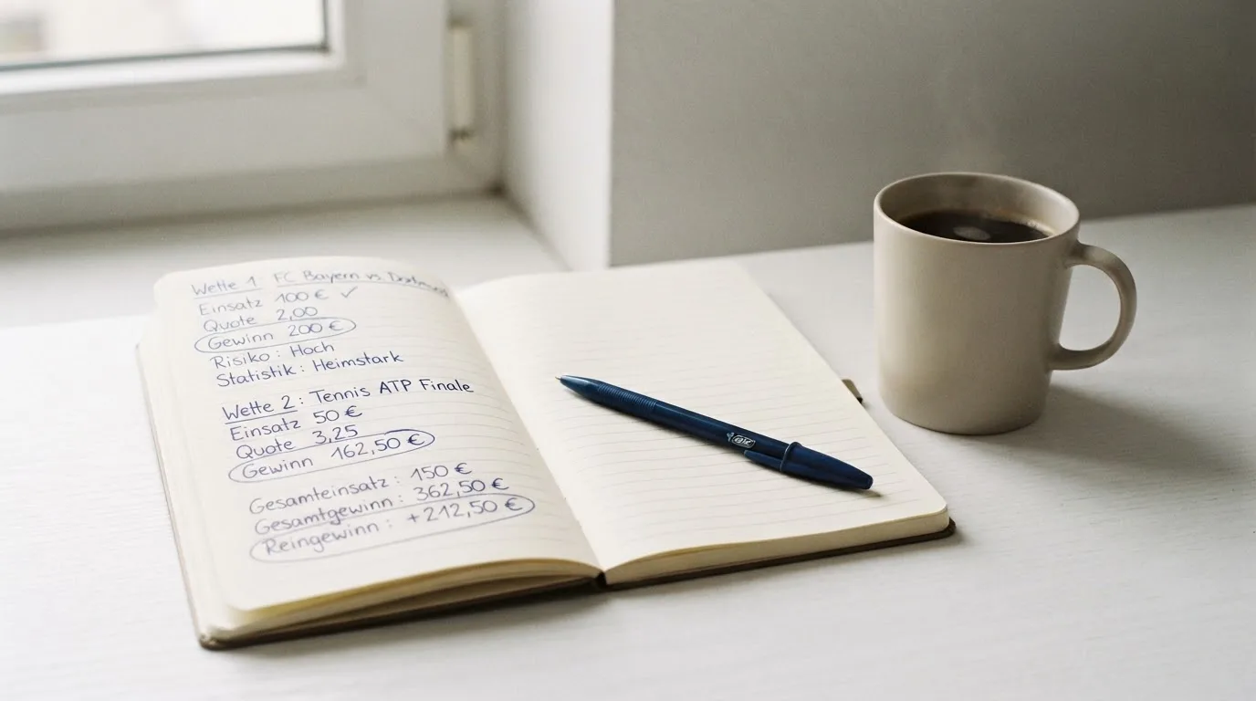 Ein Notizbuch mit handschriftlichen Rechnungen und ein Taschenrechner liegen auf einem hellen Schreibtisch neben einer Kaffeetasse.