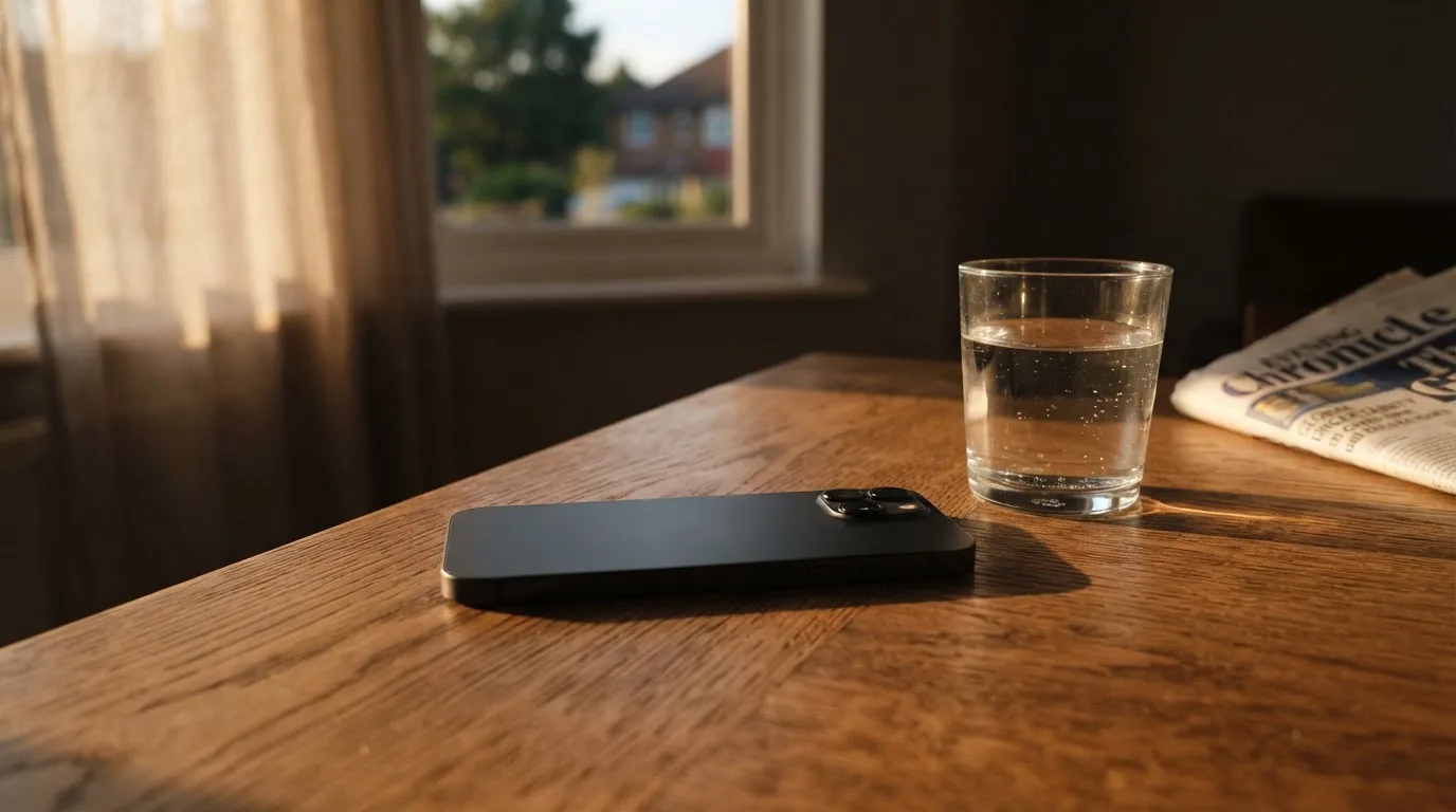 Ein Smartphone liegt mit dem Display nach unten auf einem Holztisch neben einem Glas Wasser, Abendlicht fällt durch ein Fenster.