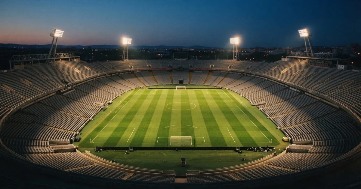 Ein Fußballstadion am Abend unter Flutlicht aus der Ferne gesehen, die Tribünen sind leicht beleuchtet und der Himmel dunkelblau.