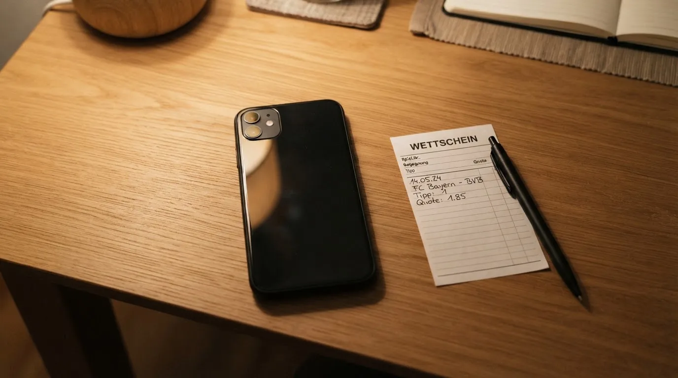 Ein Smartphone mit dunklem Display liegt neben einem leeren Papier-Wettschein und einem Stift auf einem Holztisch.