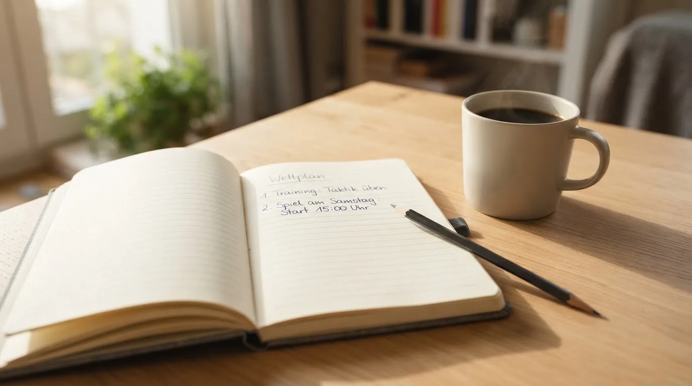 Ein Notizbuch mit handschriftlichen Notizen und einem Bleistift liegt auf einem Tisch, daneben steht eine Kaffeetasse im Morgenlicht.