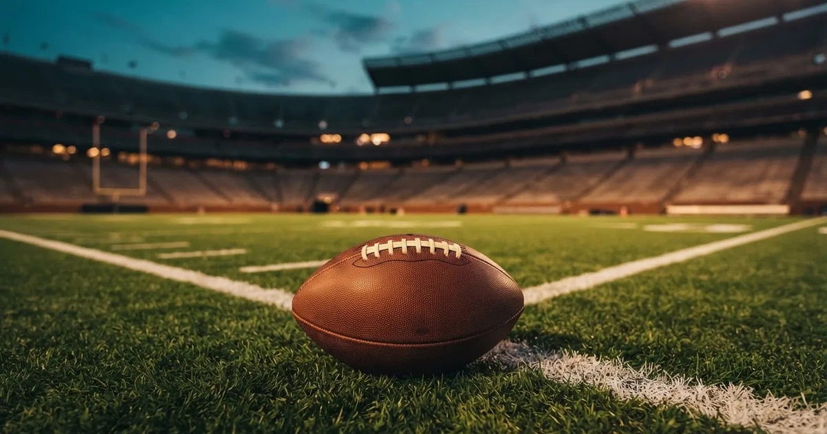 Ein American-Football-Ball liegt auf einem Rasenplatz unter Flutlicht, im Hintergrund eine große Tribüne in der Dämmerung.