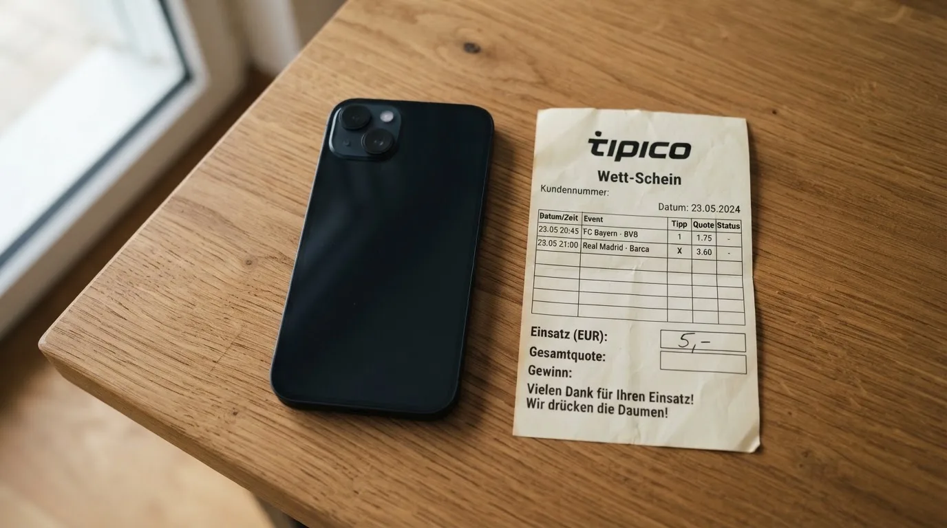 Ein Smartphone liegt mit dunklem Display auf einem Holztisch neben einem leeren Papier-Wettschein, Licht fällt von einem Fenster.