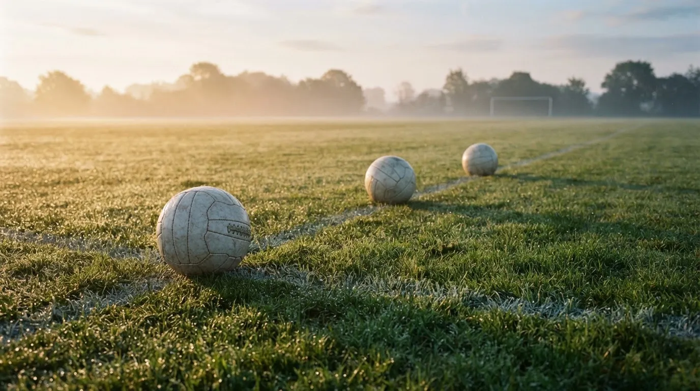 Mehrere Fußbälle liegen verstreut auf einem Rasenplatz am frühen Morgen, Tau glänzt auf dem Gras.