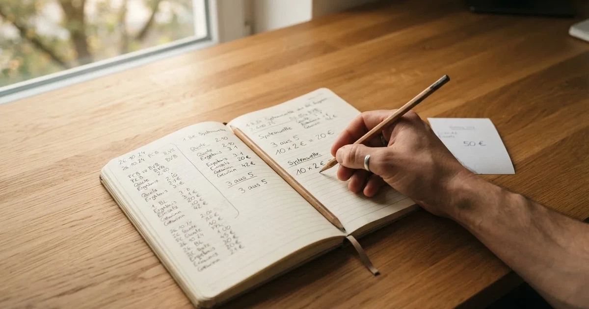 Ein Notizbuch mit handschriftlichen Notizen und einem Bleistift liegt neben einem Taschenrechner auf einem aufgeräumten Schreibtisch.