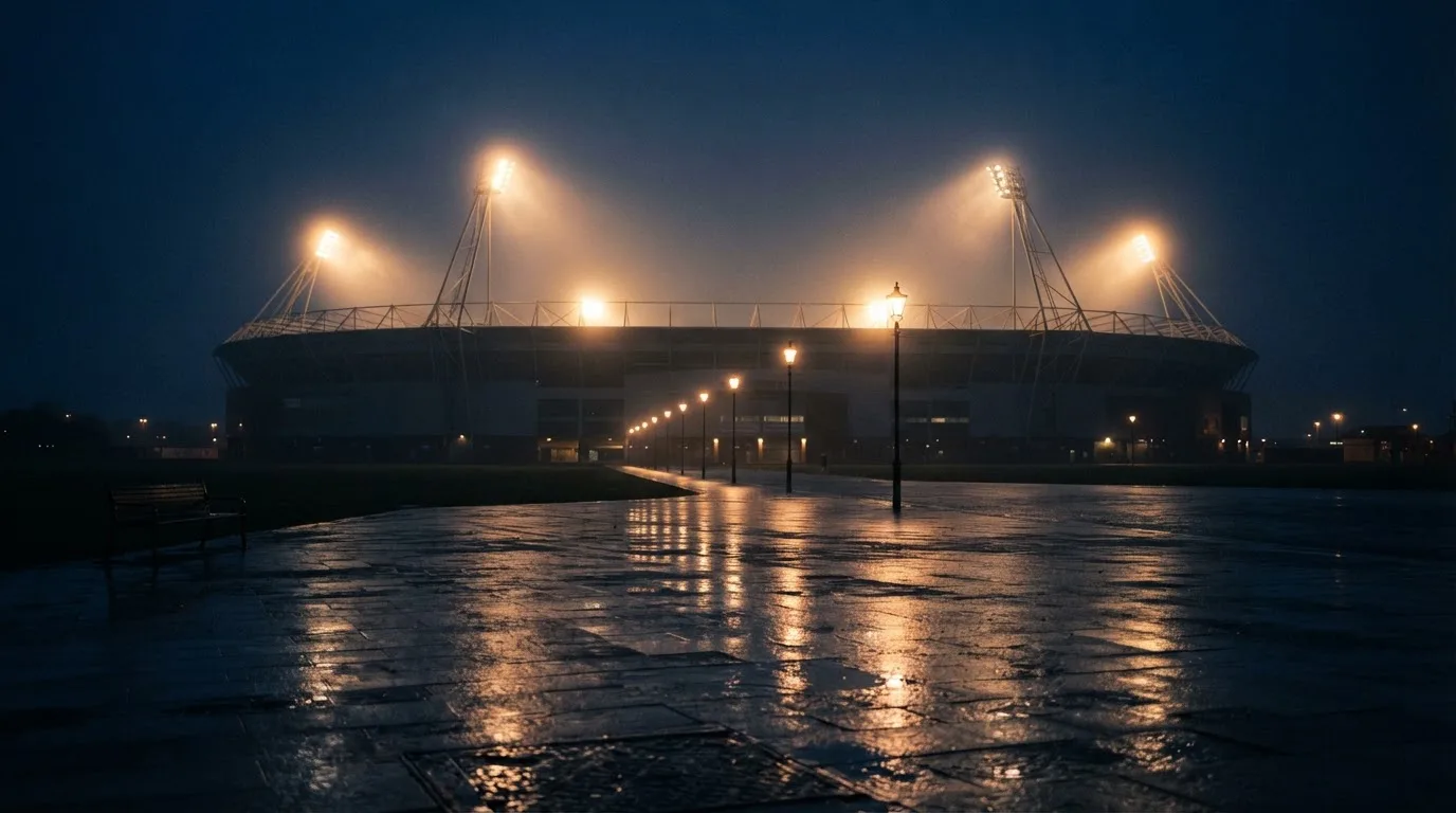 Ein Stadion unter Flutlicht von weitem betrachtet, davor ein stiller Platz bei Dunkelheit und feuchtem Asphalt.