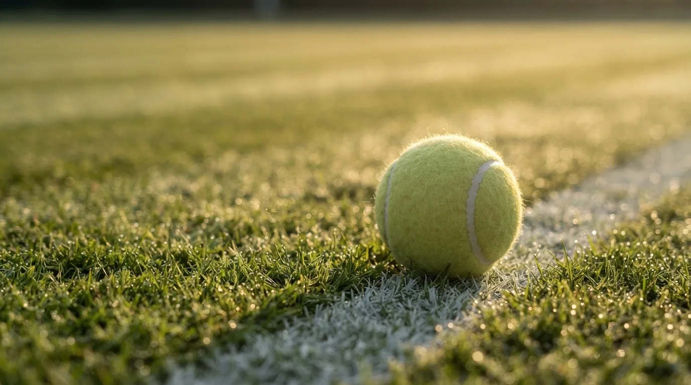 Ein Tennisball liegt auf frisch gemähtem Gras neben einer weißen Linie, Tautropfen glänzen im Gegenlicht.