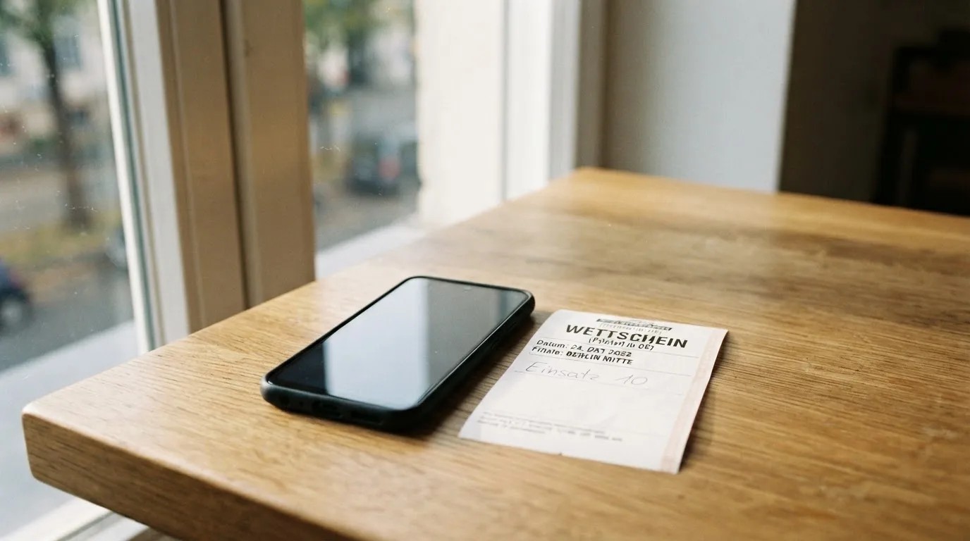 Ein Smartphone mit dunklem Display liegt neben einem leeren Papier-Wettschein auf einem Tisch am Fenster.