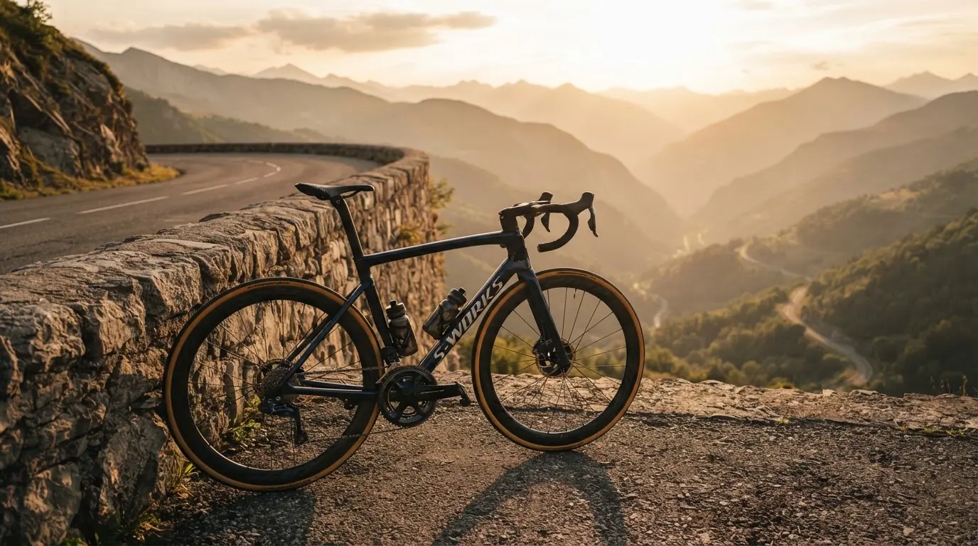 Ein Rennrad lehnt an einer Steinmauer in einer Bergkurve, im Hintergrund eine weite Hügellandschaft im Gegenlicht.