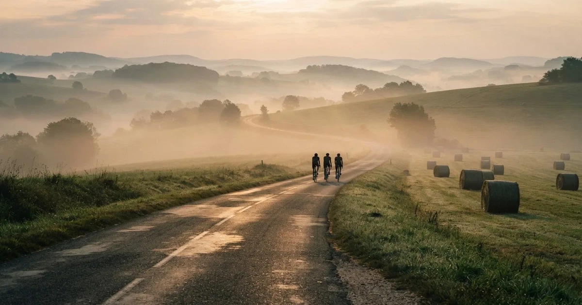 Eine Landstraße schlängelt sich durch Hügel im Morgennebel, am Straßenrand liegen Heuballen auf einem abgemähten Feld.
