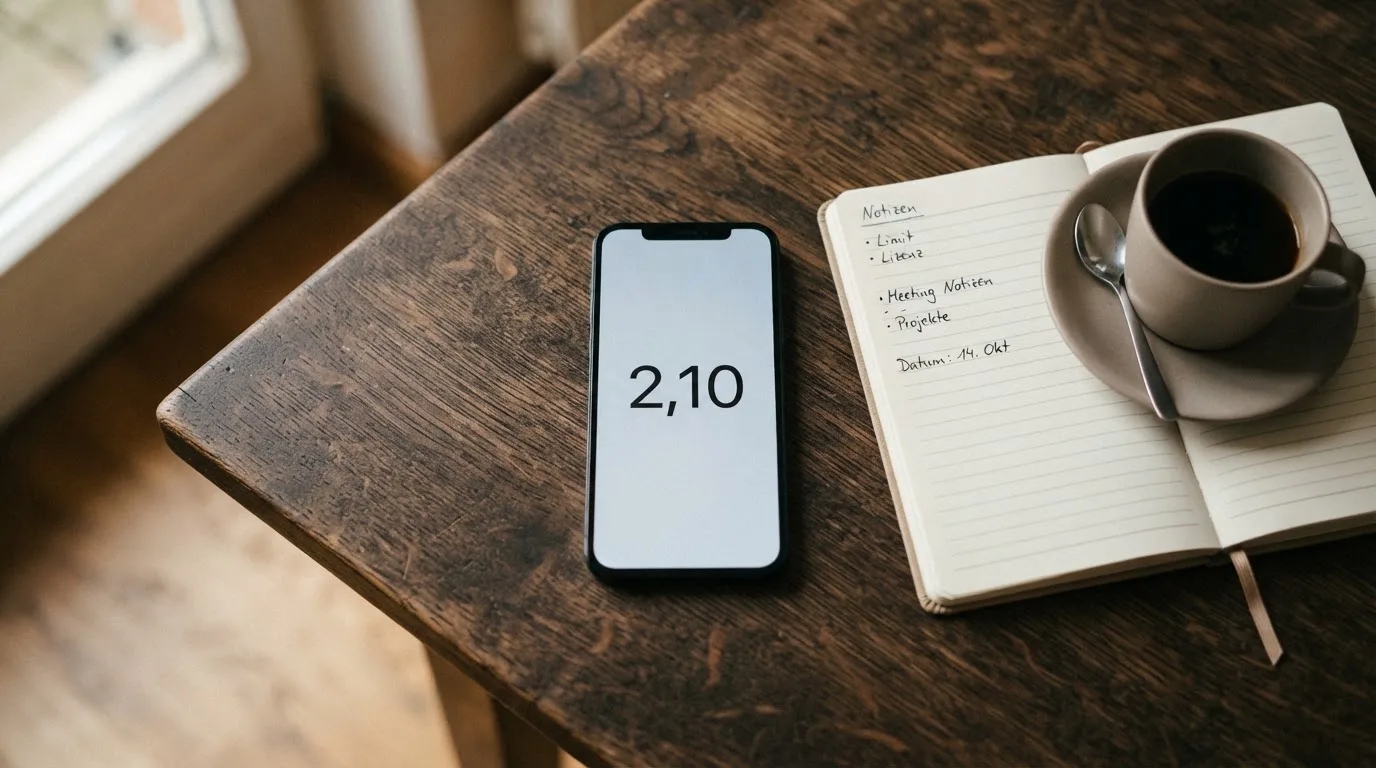 Ein Smartphone liegt auf einem Tisch neben einem Notizbuch mit handschriftlichen Notizen und einer Tasse Kaffee.