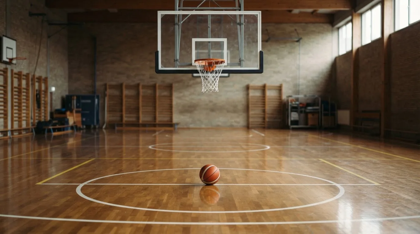 Ein Basketballkorb in einer leeren Halle, der Ball liegt unter dem Brett auf dem Parkett.