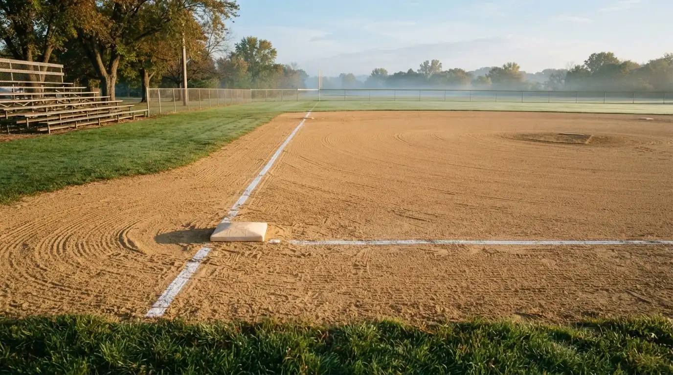 Ein Baseballfeld mit leerem Infield im Morgenlicht, die Linien frisch gezogen, keine Spieler im Bild.