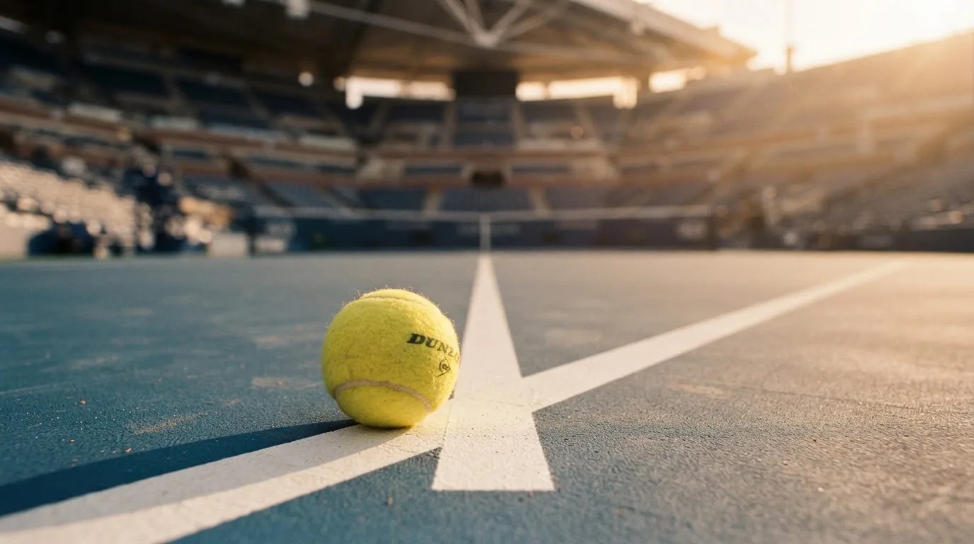 Ein Tennisball liegt in Nahaufnahme auf einer Grundlinie, dahinter verschwimmt ein leerer Platz in warmem Licht.