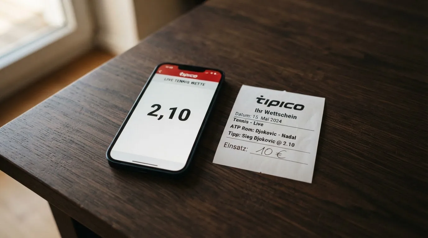 Ein Smartphone mit dunklem Display liegt neben einem leeren Papier-Wettschein auf einem Tisch, Licht fällt von der Seite.