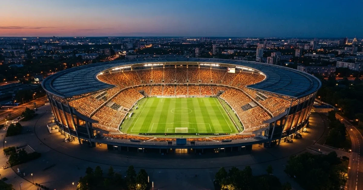 Ein riesiges Stadion in der Abenddämmerung aus der Vogelperspektive gesehen, die Lichter an den Rängen sind eingeschaltet.
