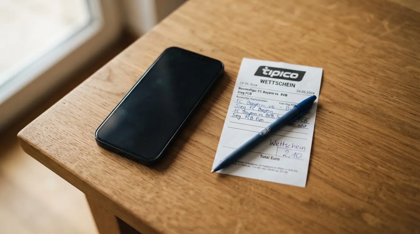 Ein Smartphone liegt mit dunklem Display neben einem leeren Papier-Wettschein und einem Stift auf einem Holztisch.