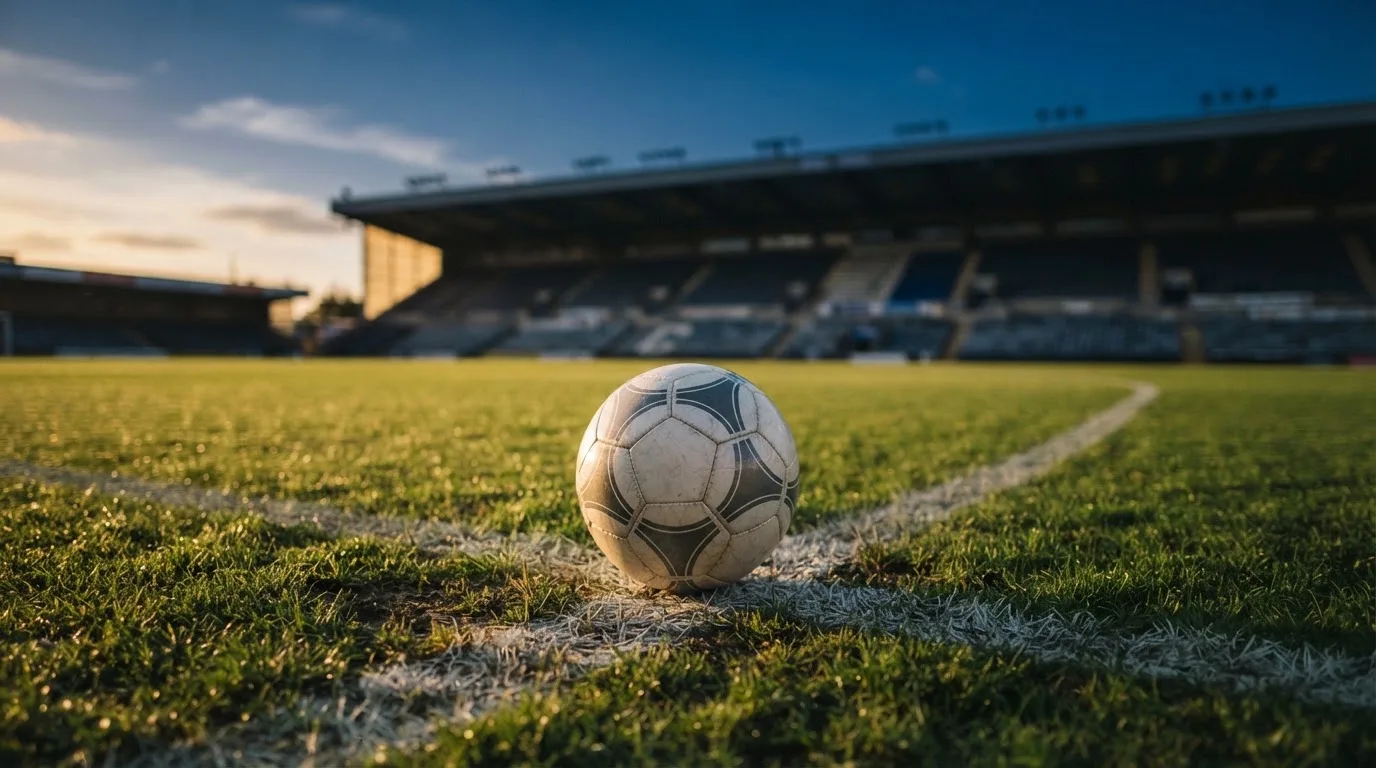 Ein Fußball liegt auf dem Anstoßpunkt eines Rasenplatzes, dahinter eine leere Tribüne im Abendlicht.