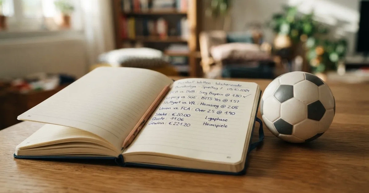 Ein Notizbuch mit handschriftlichen Notizen und einem Bleistift liegt auf einem Holztisch, daneben ein kleiner Fußball im Tageslicht.