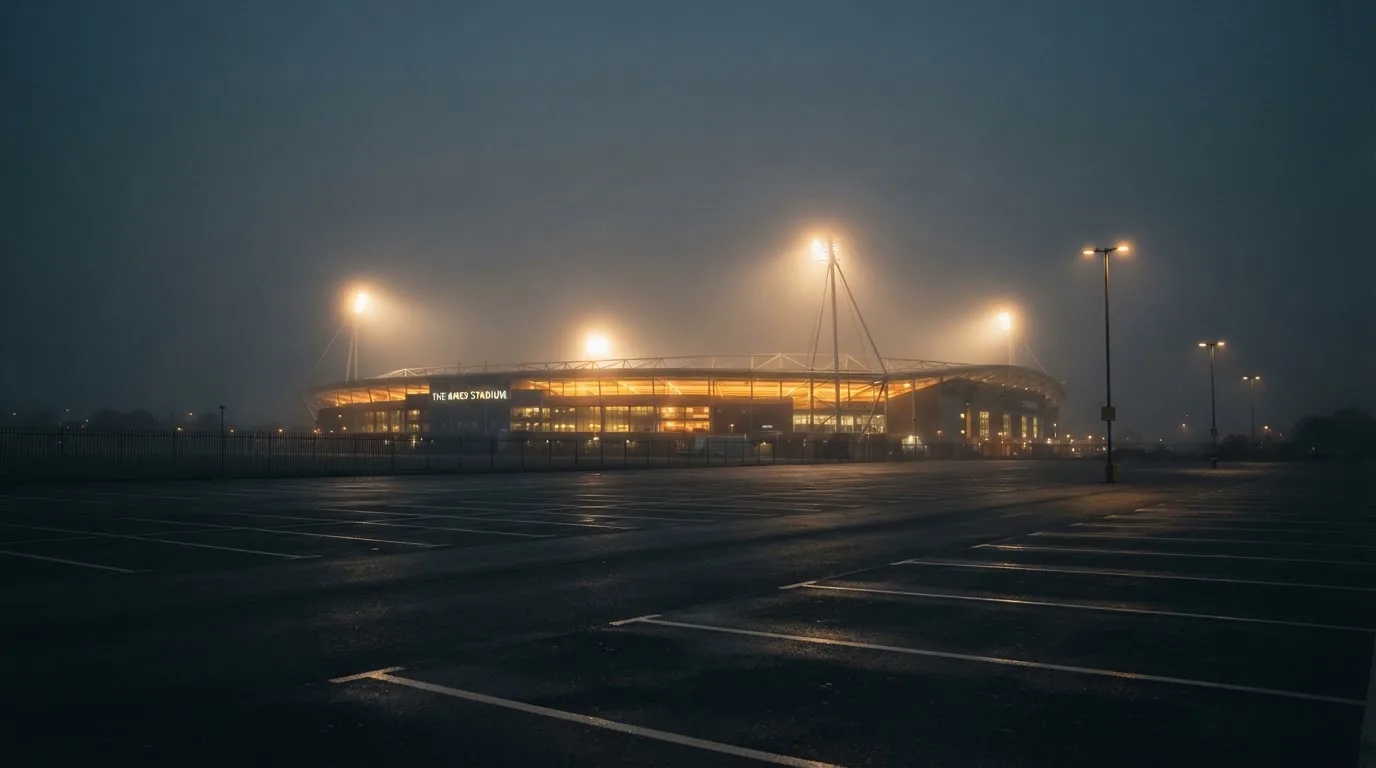 Ein Stadion unter Flutlicht aus der Ferne gesehen, davor ein stiller Parkplatz bei Nebel.