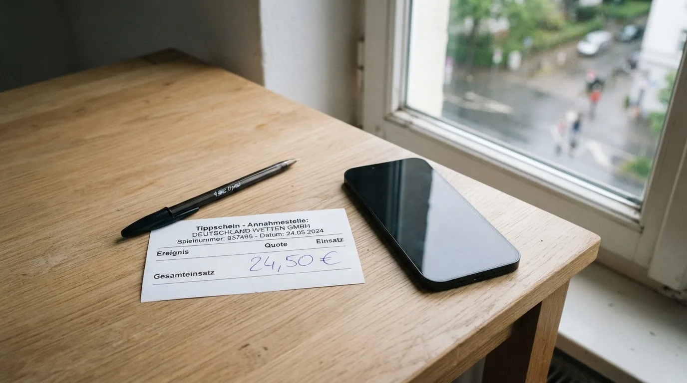 Ein leerer Papier-Wettschein und ein Kugelschreiber liegen neben einem Smartphone mit dunklem Display auf einem Schreibtisch am Fenster.