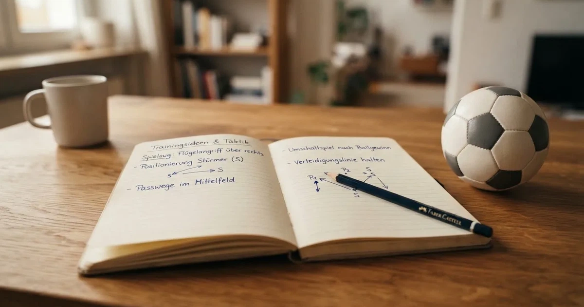 Ein Notizbuch mit handschriftlichen Notizen und einem Bleistift liegt auf einem Holztisch, daneben ein kleiner Fußball im Tageslicht.