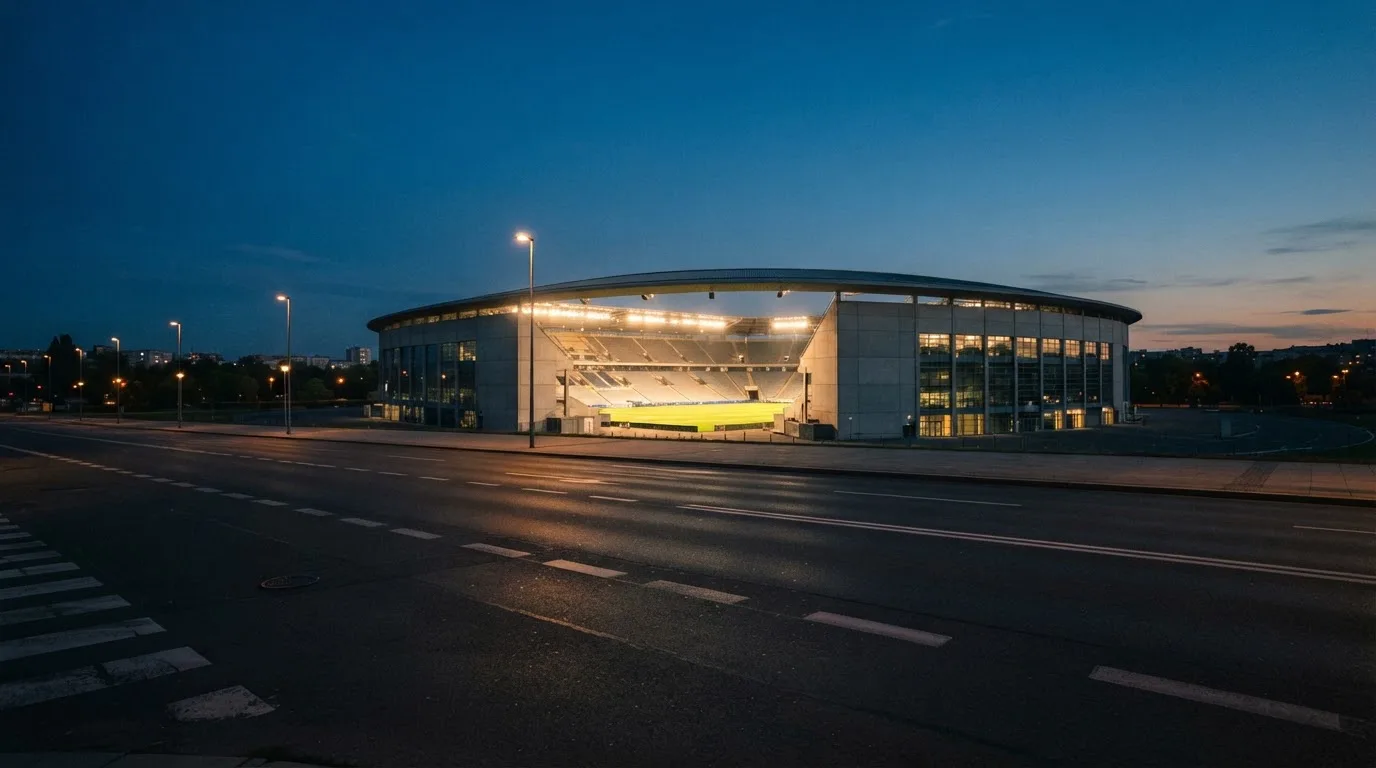 Ein Stadion unter Flutlicht aus großer Entfernung, davor eine leere Straße in der Abenddämmerung.