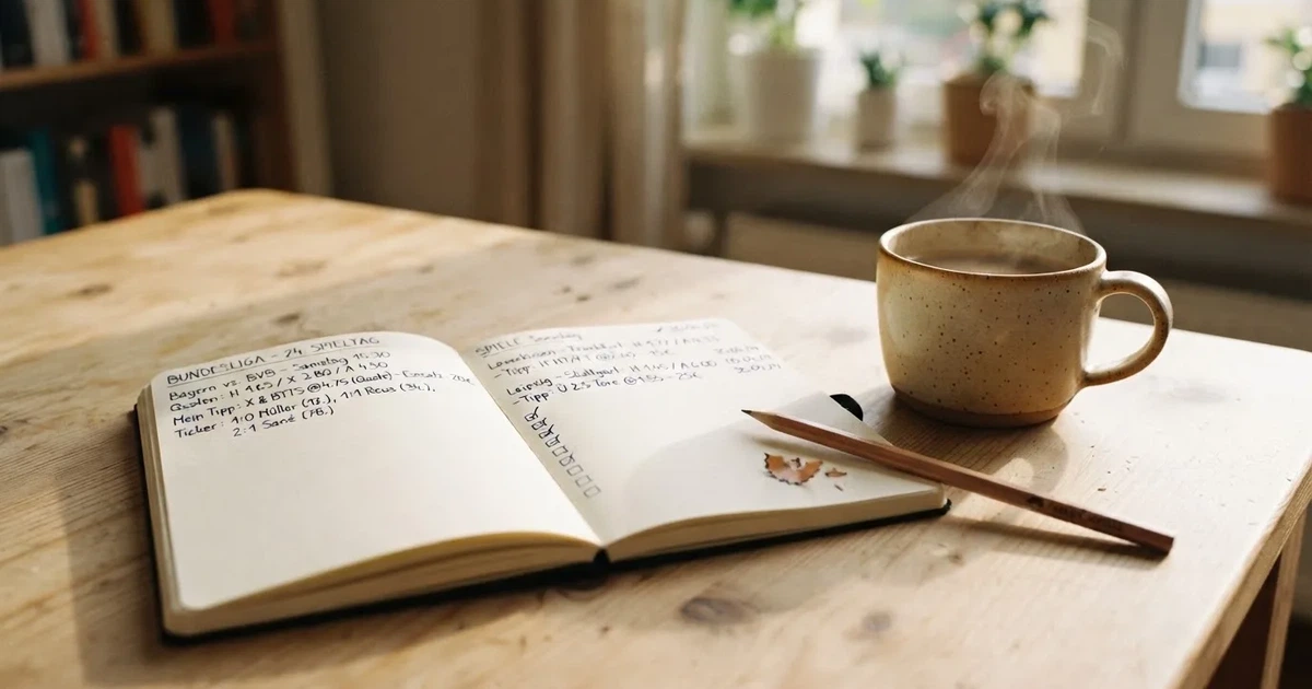 Eine Kaffeetasse, ein Notizbuch mit handschriftlichen Notizen und ein Bleistift auf einem hellen Schreibtisch am Morgen.