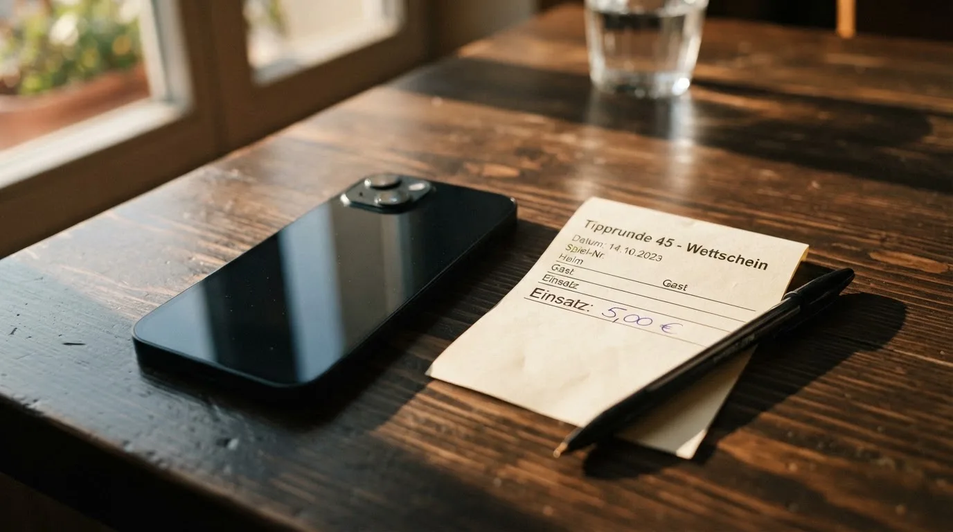 Ein Smartphone mit dunklem Display liegt neben einem leeren Papier-Wettschein auf einem Holztisch, Licht fällt von der Seite.