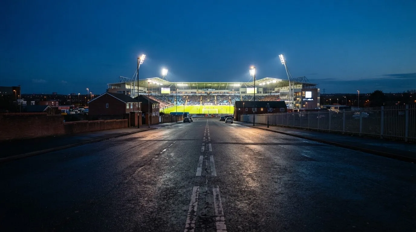 Ein Stadion unter Flutlicht aus großer Entfernung, davor eine leere Straße in der Abenddämmerung.
