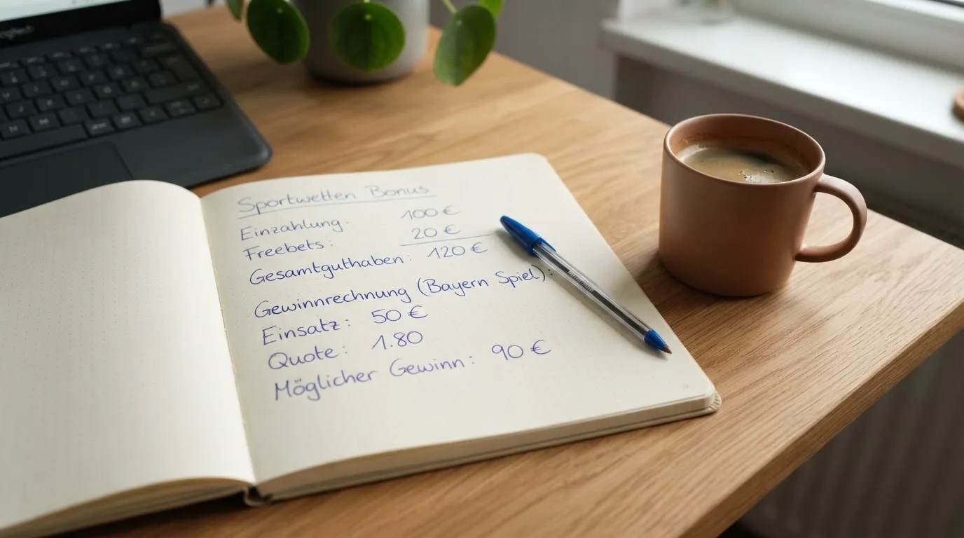 Ein Notizbuch mit handschriftlichen Notizen und ein Taschenrechner stehen auf einem Schreibtisch, daneben eine Tasse.