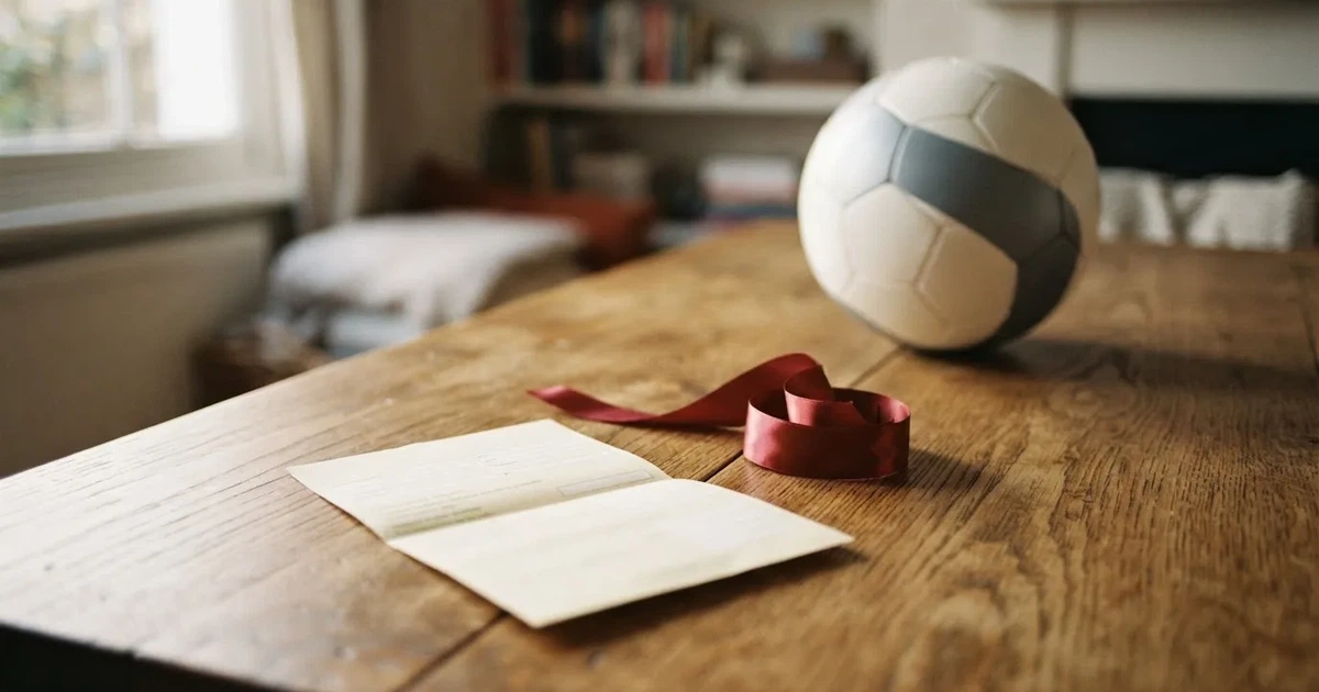 Ein kleines Geschenkband liegt neben einem Fußball und einem leeren Papier-Wettschein auf einem Holztisch im Tageslicht.