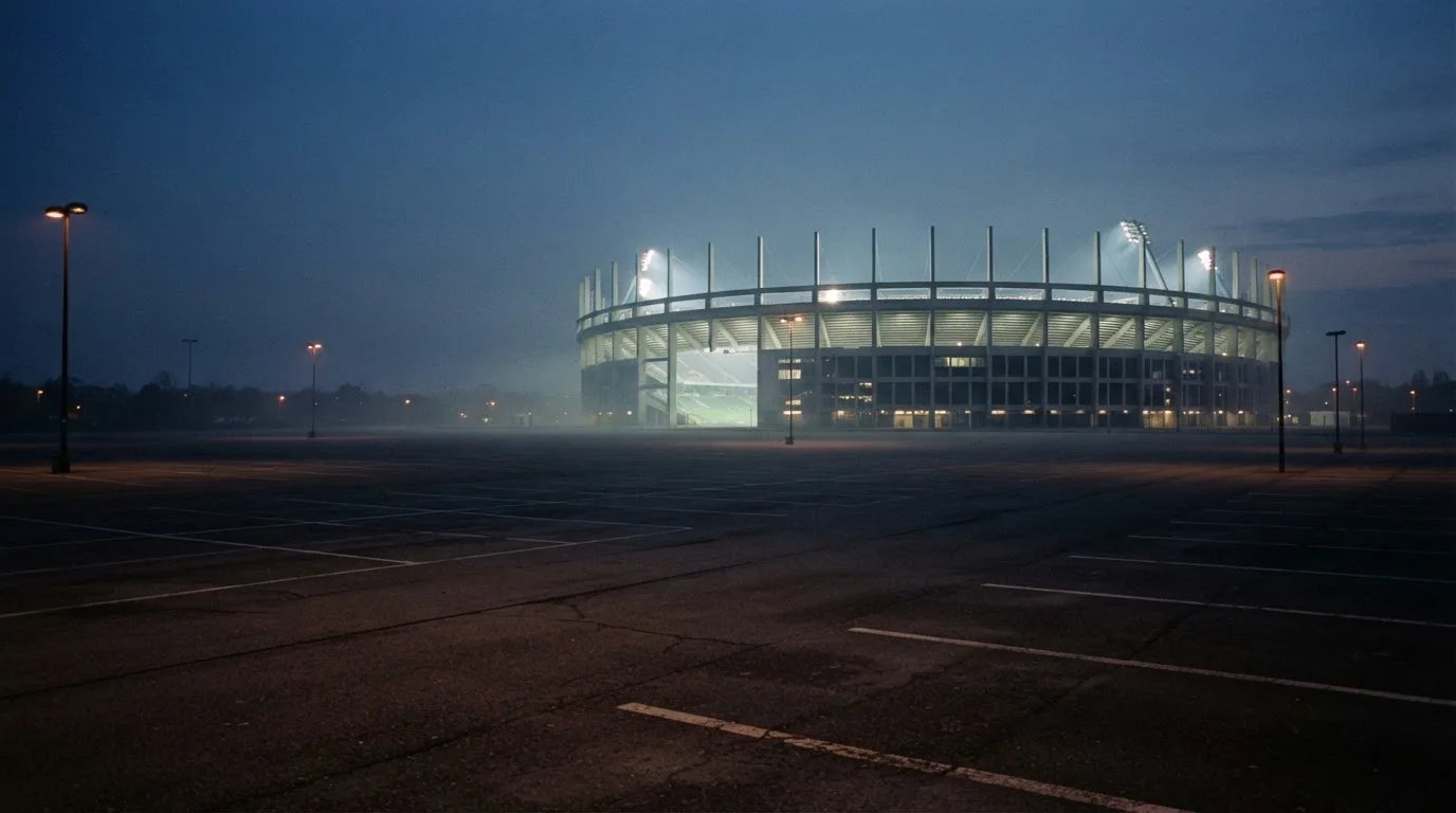Ein Stadion unter Flutlicht aus der Ferne gesehen, davor ein leerer Parkplatz im Dunst.