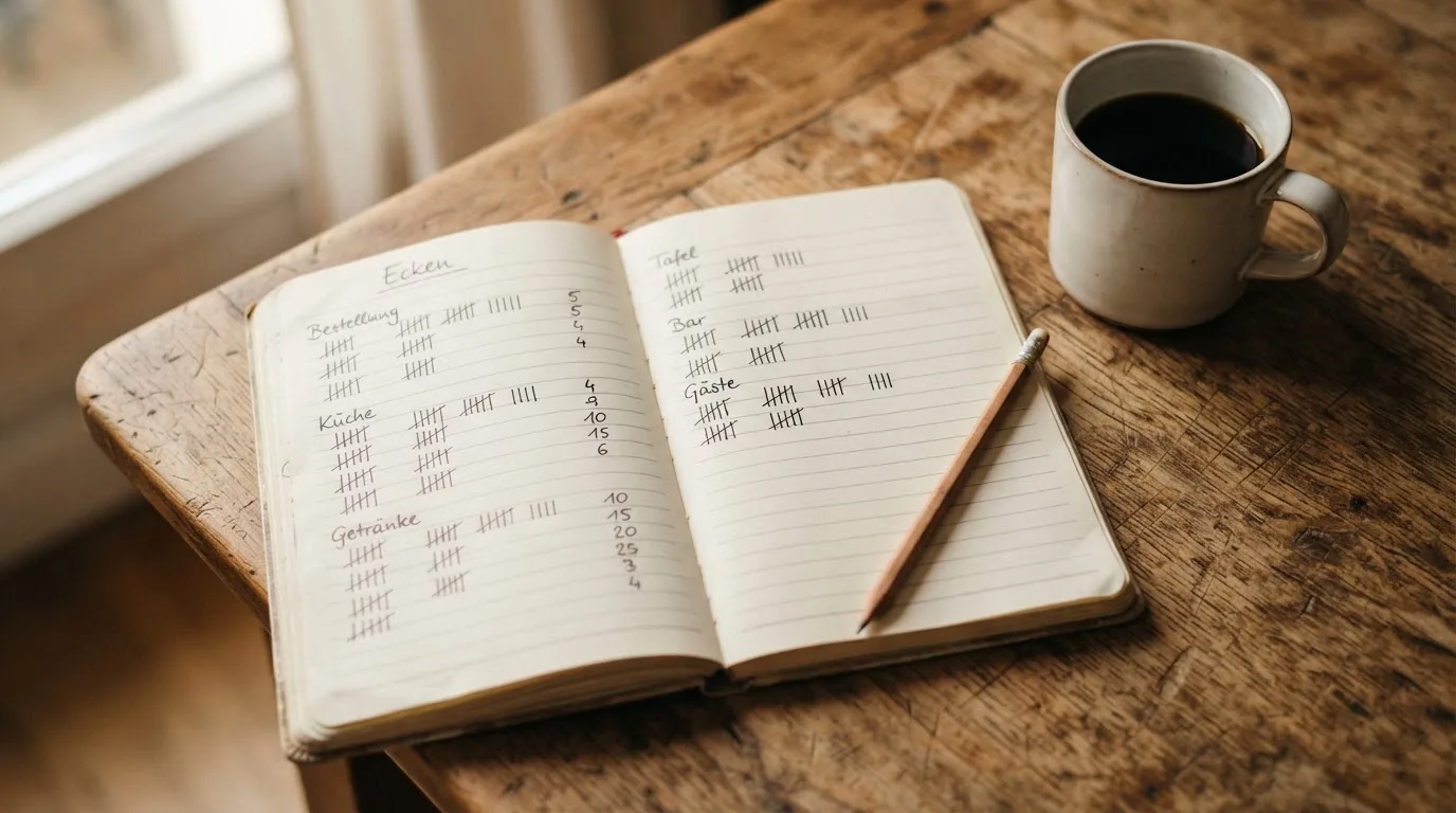 Ein Notizbuch mit handgeschriebenen Strichlisten liegt neben einem Bleistift und einer Kaffeetasse auf einem Holztisch.