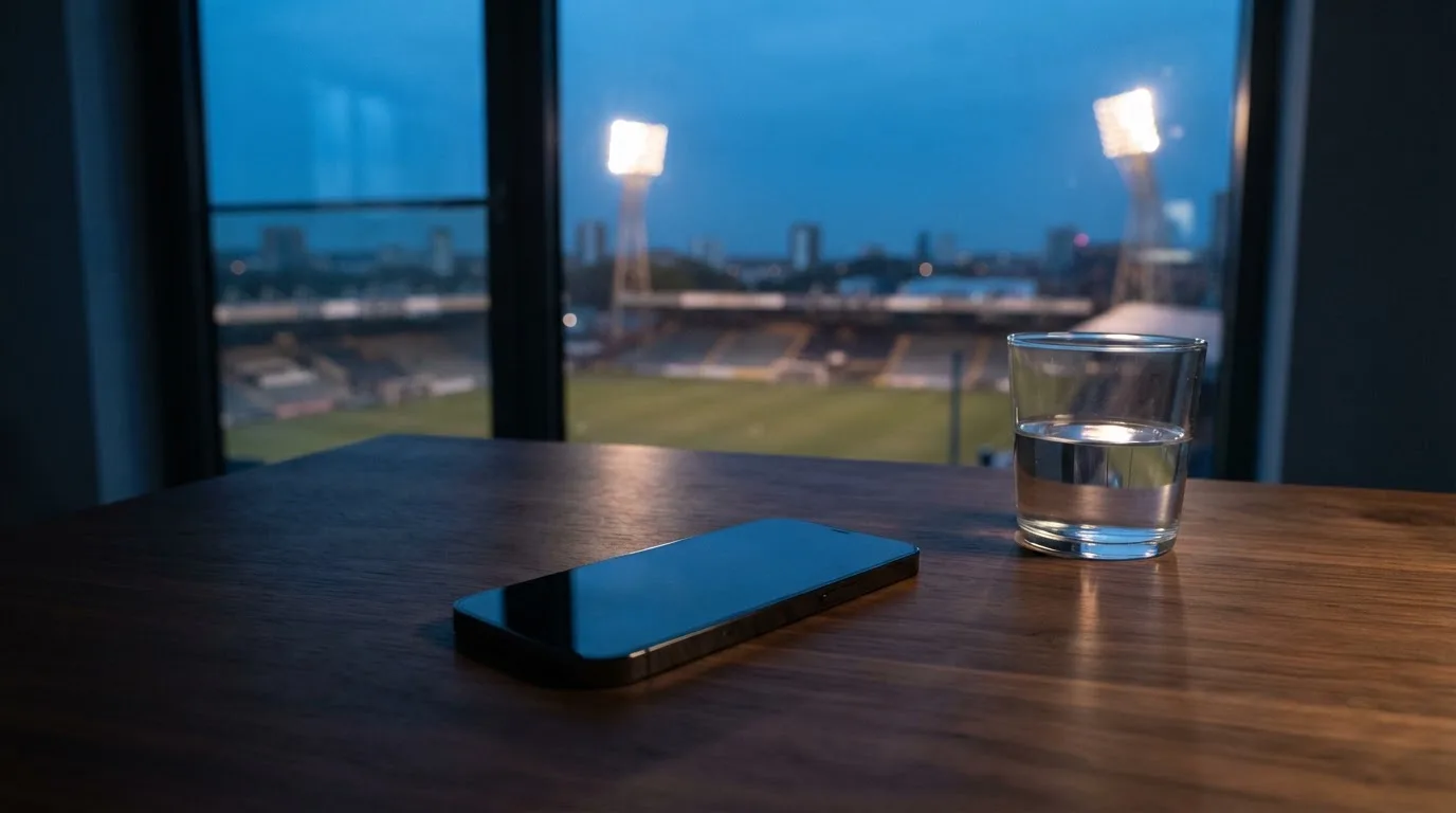 Ein Smartphone mit dunklem Display liegt auf einem Schreibtisch neben einem Glas Wasser, im Fenster dahinter ein Stadion im Dämmerlicht.