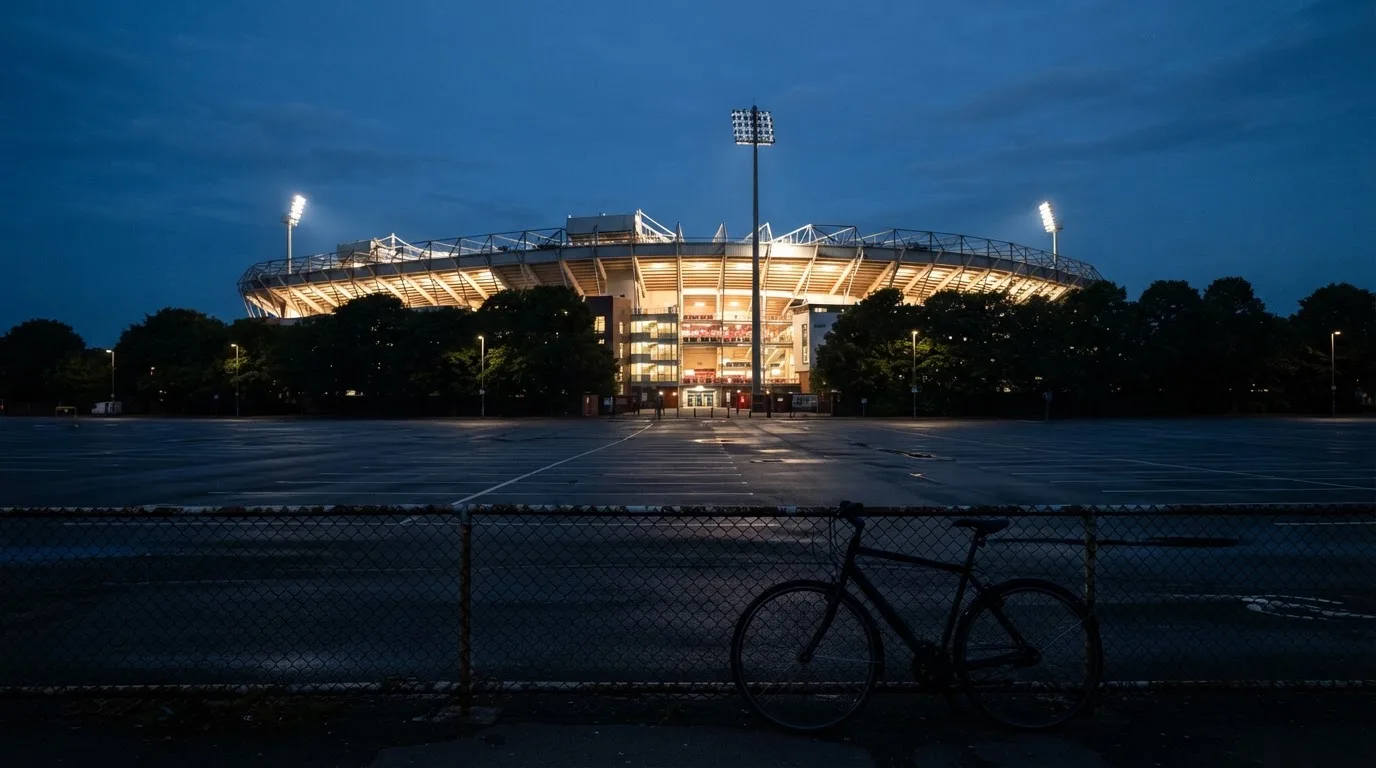 Ein Stadion unter Flutlicht aus der Ferne gesehen, davor ein dunkler Parkplatz und ein einzelnes Fahrrad an einem Zaun.