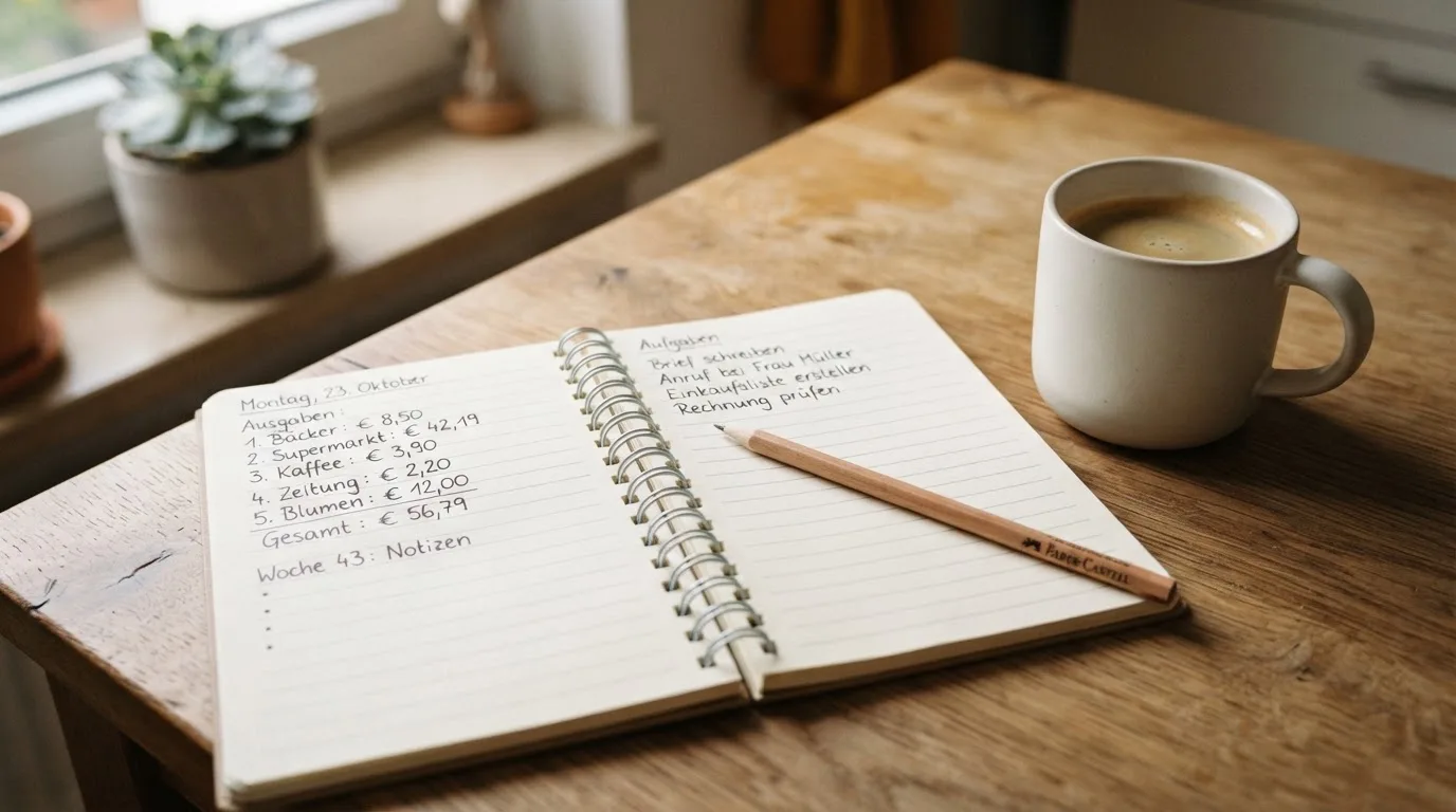 Ein Notizbuch mit handschriftlichen Zahlenreihen und ein Bleistift liegen auf einem Küchentisch neben einer Tasse.