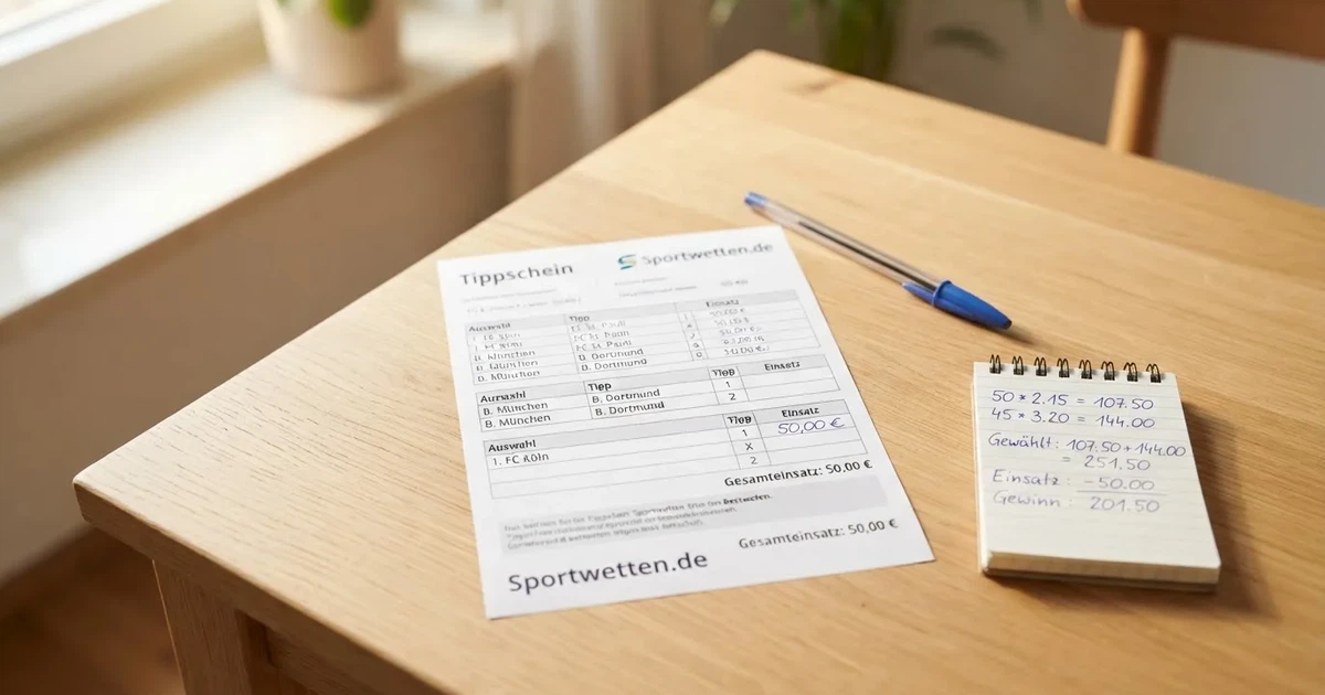 Ein leerer Wettschein aus Papier liegt neben einem Kugelschreiber und einem Taschenrechner auf einem hellen Tisch.