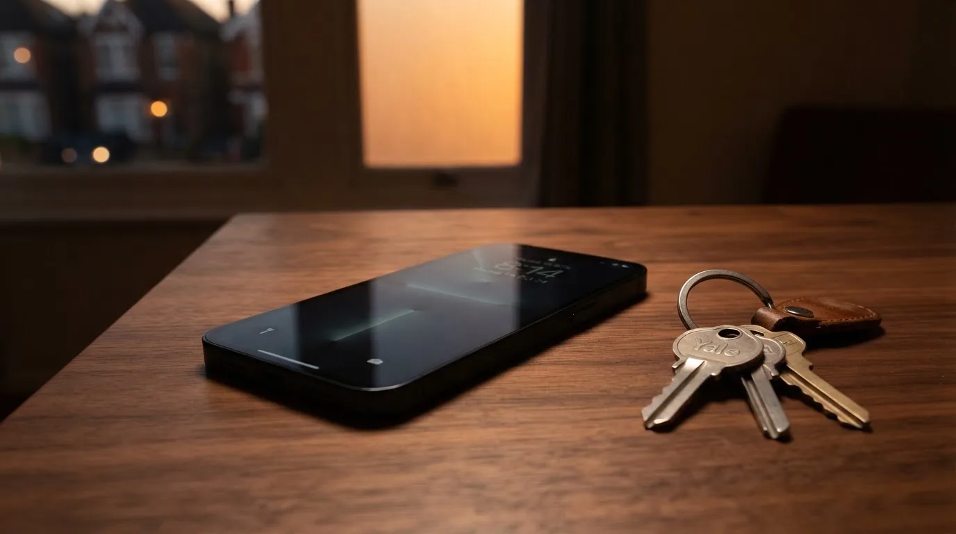 Ein Smartphone mit dunklem Display liegt auf einem Holztisch, daneben ein Schlüsselbund, im Hintergrund ein Fenster mit Abendlicht.