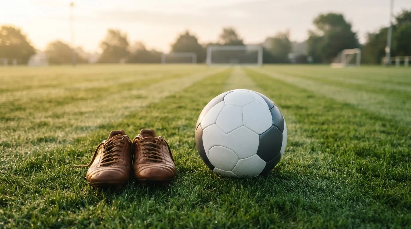 Ein Fußball auf frisch gemähtem Rasen im Morgenlicht, daneben ein Paar Fußballschuhe ohne erkennbare Marke.