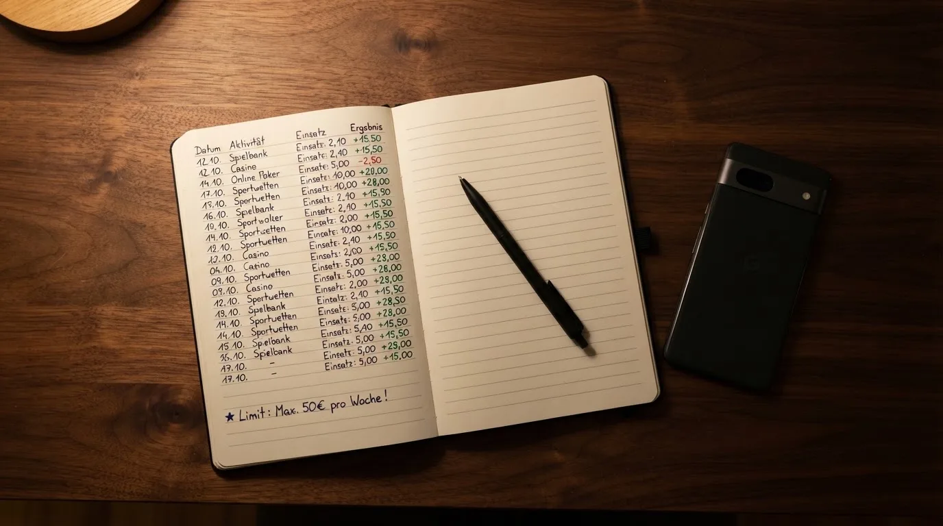 Ein Notizbuch mit handgeschriebenen Zahlen und ein Kugelschreiber liegen auf einem Tisch, daneben ein Smartphone mit schwarzem Bildschirm.