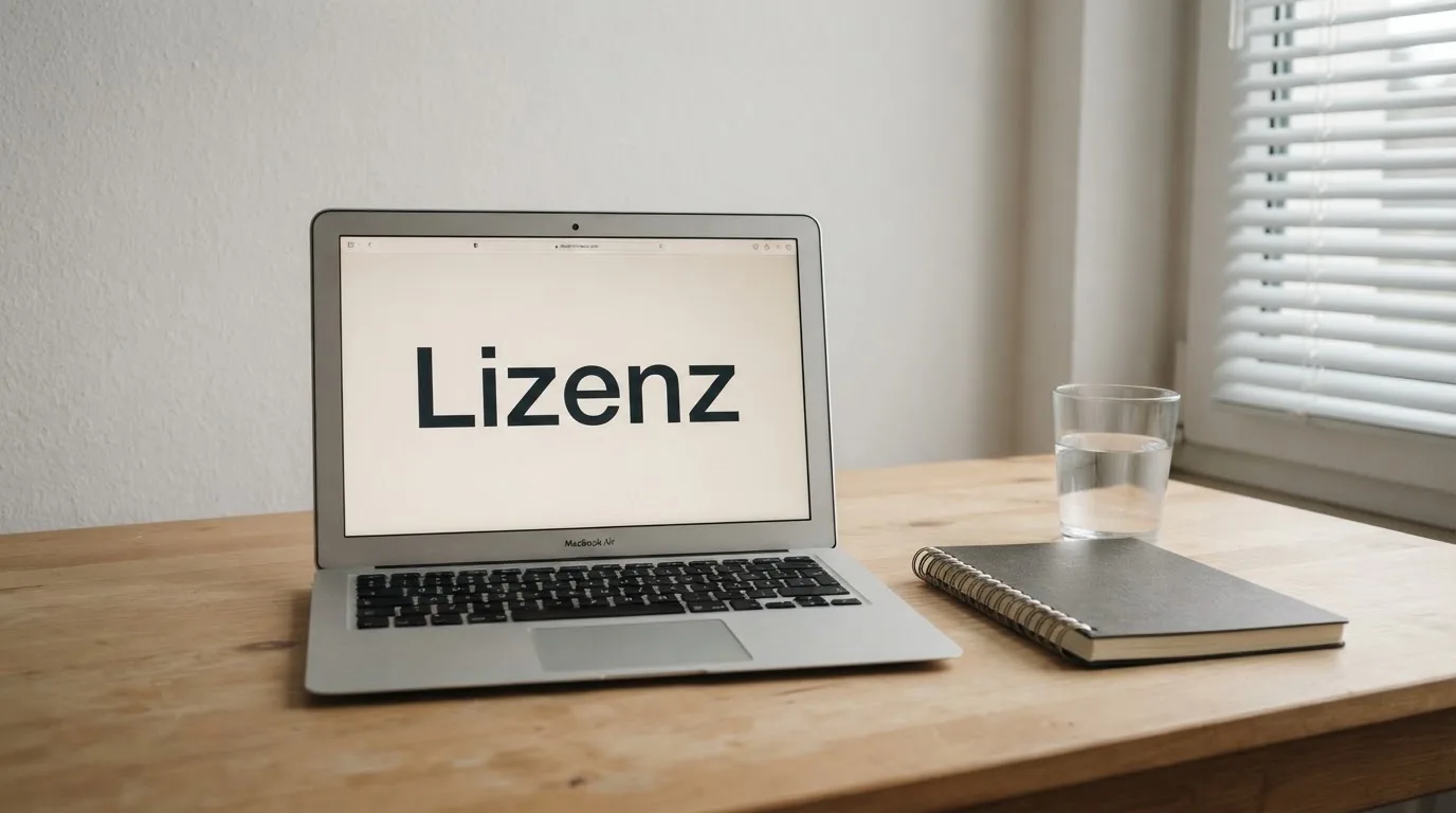 Ein Laptop mit dunklem Bildschirm steht aufgeklappt auf einem Schreibtisch, daneben ein Notizbuch und ein Glas Wasser.
